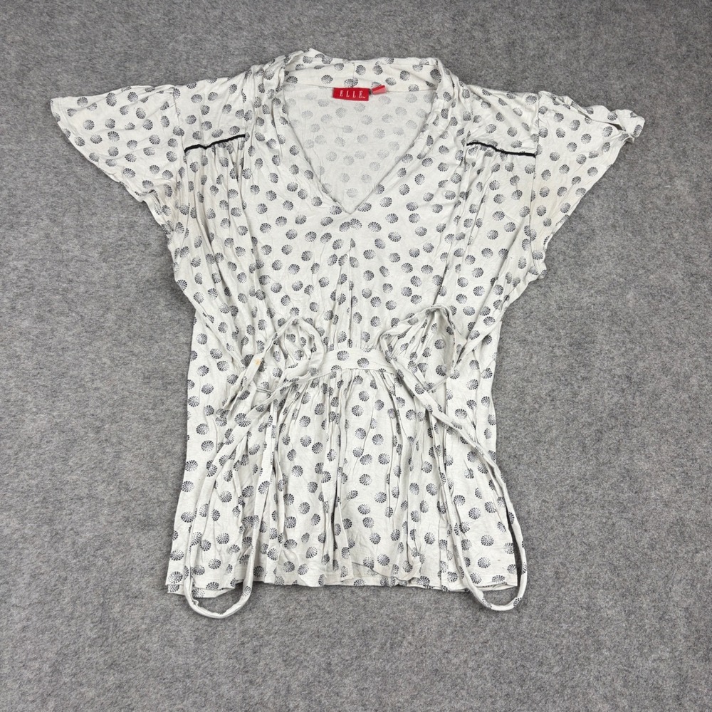 Elle Blouse Womens XL White Polka Dot Flutter Sleeve V-Neck Tie Waist Top